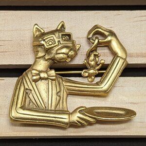 Vintage AJC Gold-Tone Cat Brooch Pin With Mouse Sophistakitty Dining